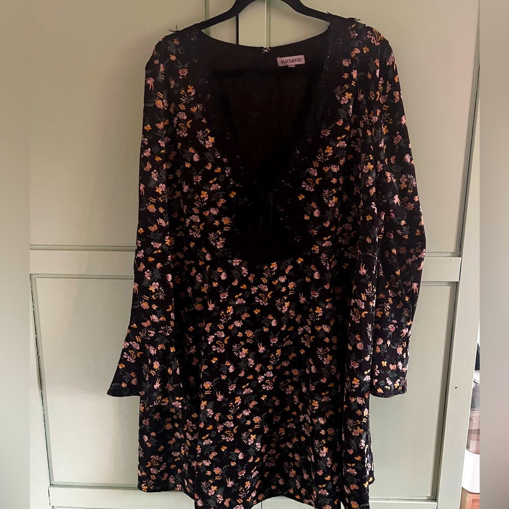 Floral trumpet sleeve dress, tie front closure